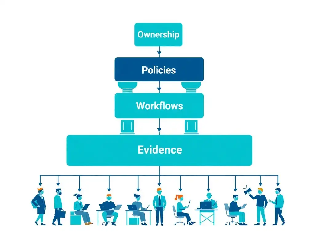 Organizational pyramid or framework diagram with four pillars labeled 'Ownership,' 'Policies,' 'Workflows,' and 'Evidence.' Below them, show multiple AI teams/projects all feeding into a centralized governance hub. Use teal and navy blue with clear hierarchical spacing.