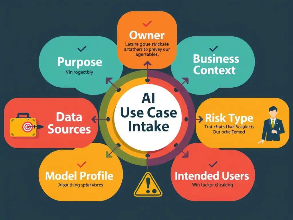 Intake form or checklist infographic with seven sections fanning out from a central 'AI Use Case Intake' hub: Purpose, Owner, Business Context, Data Sources, Model Type, Risk Profile, and Intended Users. Each section has a representative icon (target, person, briefcase, database, algorithm, warning, users). Use warm professional colors.
