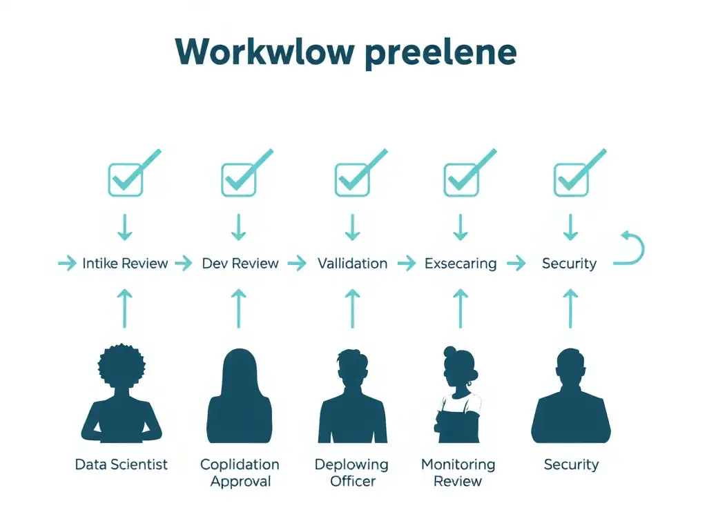 Workflow diagram showing a horizontal pipeline with five gates labeled 'Intake Review,' 'Dev Review,' 'Validation Review,' 'Deployment Approval,' and 'Monitoring Review.' Each gate has a checkbox icon and is connected by arrows. Below each gate, show silhouettes of reviewers (data scientist, compliance officer, business owner, security). Use checkmark icons for passed stages.