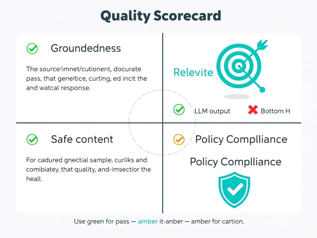 Four-quadrant quality scorecard for a generative AI model response. Top-left: 'Groundedness' with citation icons and source documents. Top-right: 'Relevance' with a target/bullseye icon. Bottom-left: 'Safe Content' with a checkmark and shield. Bottom-right: 'Policy Compliance' with a compliance badge. Each quadrant shows a small sample LLM output with a checkmark or X mark. Use green for pass, amber for caution.