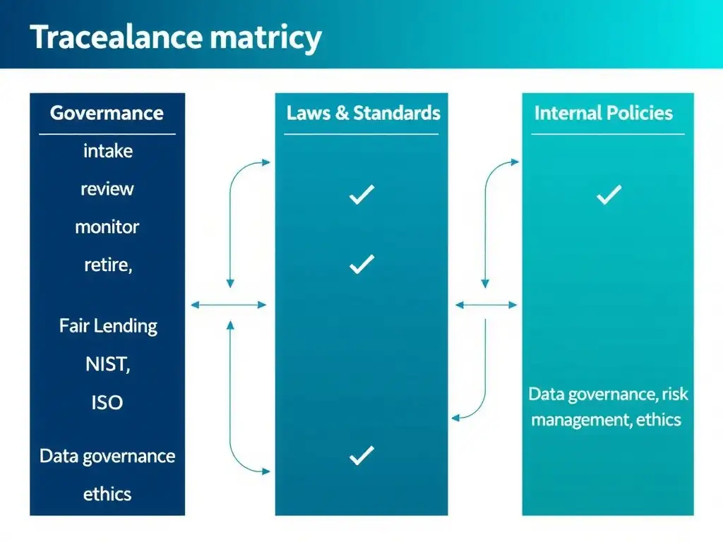 Traceability matrix or mapping diagram showing three vertical columns: 'Governance Activities' (intake, review, monitor, retire), 'Laws & Standards' (GDPR, Fair Lending, NIST, ISO), and 'Internal Policies' (data governance, risk management, ethics). Connect matching items with lines and checkmarks. Use navy and teal with a professional audit-ready appearance.