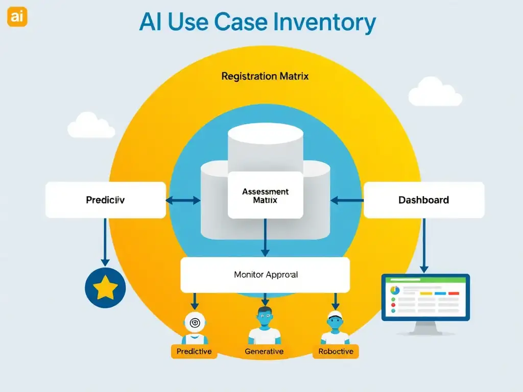 Infographic showing a centralized AI use case inventory with organized workflows: registration funnel → assessment matrix → governance approval → monitoring dashboard. Include icons for different use case types (predictive, generative, robotic) flowing into a structured database.
