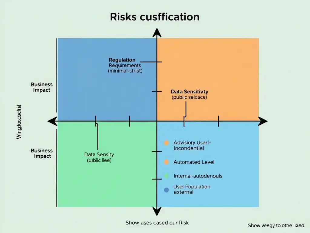 Risk classification matrix with five axes: Business Impact (low-high), Regulatory Requirements (minimal-strict), Data Sensitivity (public-confidential), Automation Level (advisory-autonomous), User Population (internal-external). Show use cases plotted across this space with color-coded risk zones.