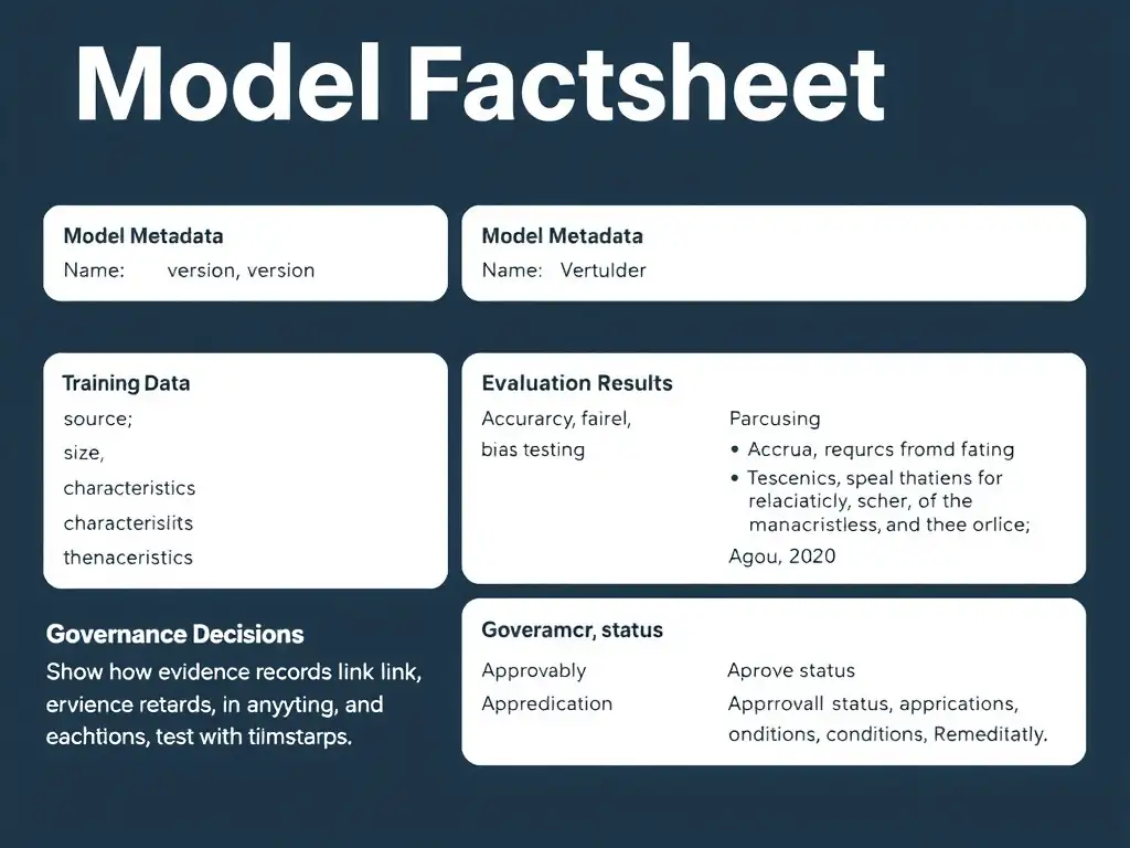 Model factsheet template showing sections: Model Metadata (name, version, owner), Training Data (source, size, characteristics), Evaluation Results (accuracy, fairness, bias testing), and Governance Decisions (approval status, conditions, remediation). Show how evidence records link to each section with timestamps.