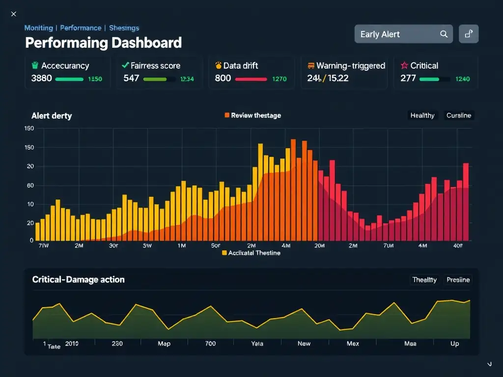 Monitoring dashboard showing performance metrics (accuracy, fairness score, data drift, latency) with configured alert thresholds as colored bands: green (healthy), yellow (warning - review triggered), red (critical - immediate action). Timeline showing early alert catching problems before operational damage occurs.