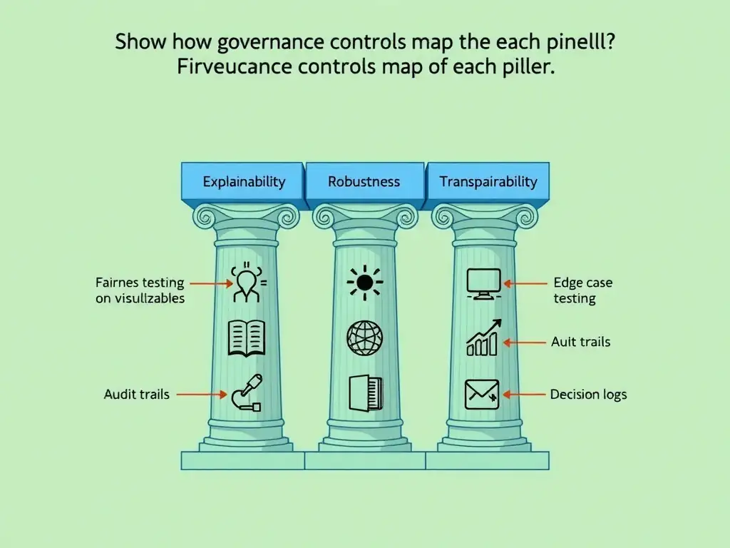 Five interconnected pillars labeled Fairness, Explainability, Robustness, Transparency, and Accountability. Each pillar has icons representing key controls: fairness testing on protected groups, model interpretability visualizations, edge case testing, audit trails, and decision logs. Show how governance controls map to each pillar.