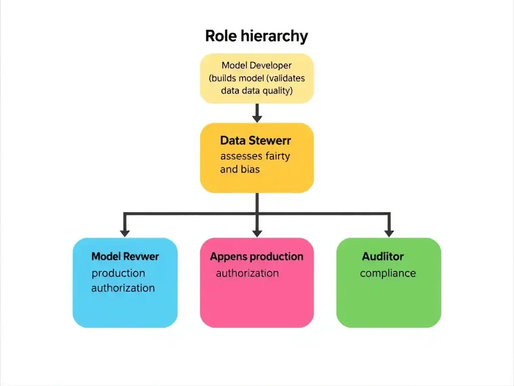 Role hierarchy diagram showing distinct personas: Model Developer (builds model), Data Steward (validates data quality), Model Reviewer (assesses fairness and bias), Approver (grants production authorization), and Auditor (monitors compliance). Show permission boundaries between roles and arrows indicating review workflows.
