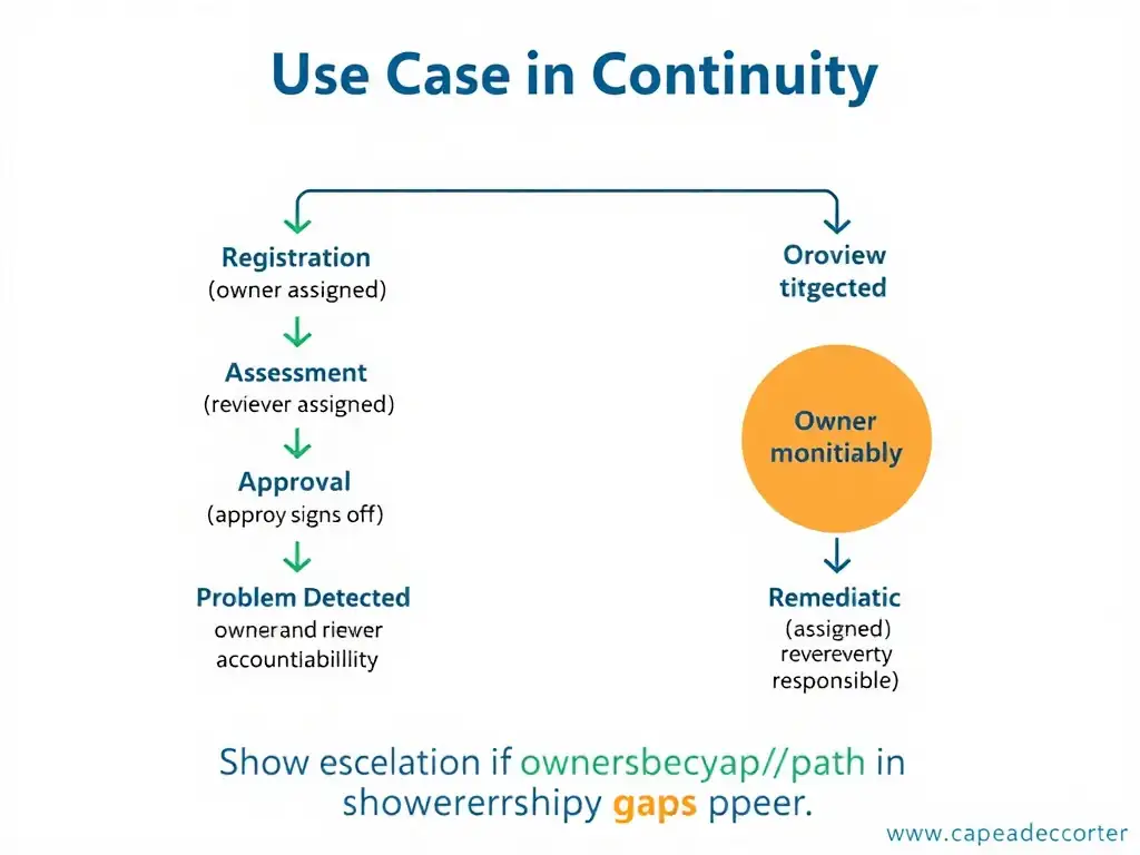 Use case lifecycle showing ownership continuity: Registration (owner assigned) → Assessment (reviewer assigned) → Approval (approver signs off) → Deployment (owner monitors) → Problem Detected (owner and reviewer accountability triggered) → Remediation (assigned owner/reviewer responsible). Show escalation path if ownership gaps appear.
