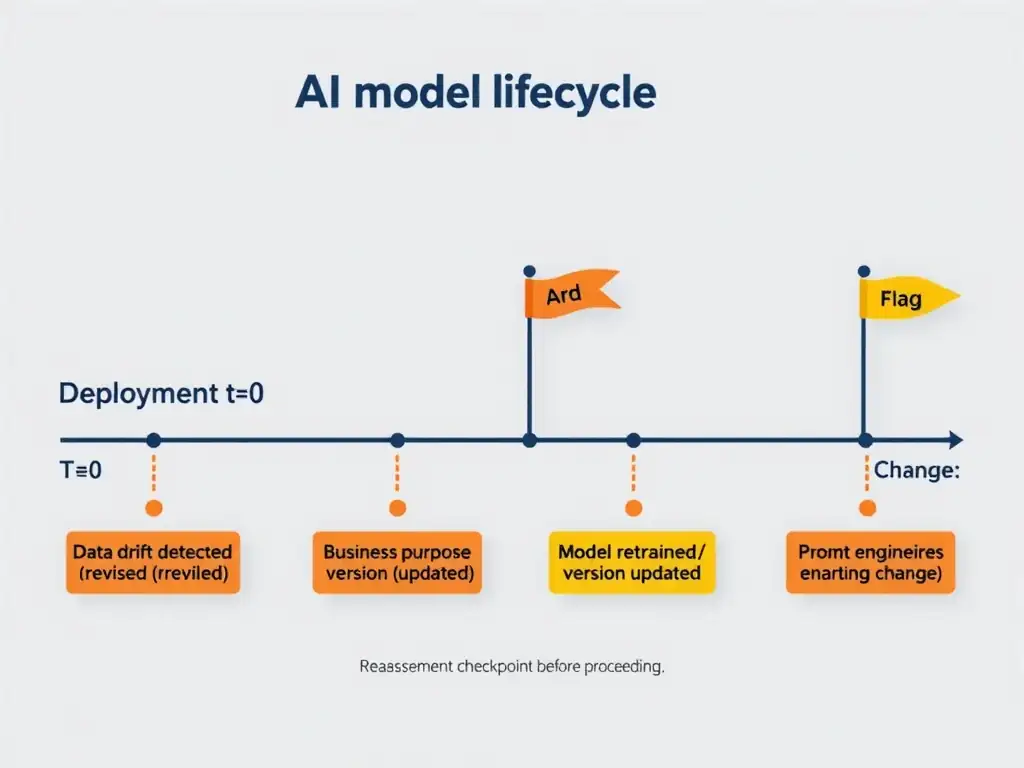 AI model lifecycle timeline showing deployment at t=0 (approved) through time with change triggers: data drift detected (red flag), business purpose revised (orange flag), model retrained/version updated (yellow flag), prompt engineering change (orange flag). Each trigger shows reassessment checkpoint before proceeding.