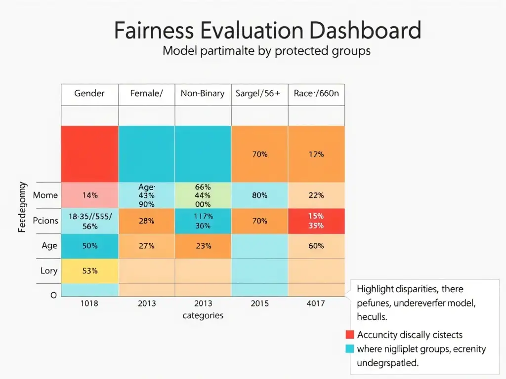 Fairness evaluation dashboard showing model performance disaggregated by protected groups (Gender: Male/Female/Non-Binary, Age: 18-35/36-55/56+, Race: categories). Metrics displayed as heatmap where each cell shows accuracy, precision, recall. Highlight disparities where certain groups underperform.