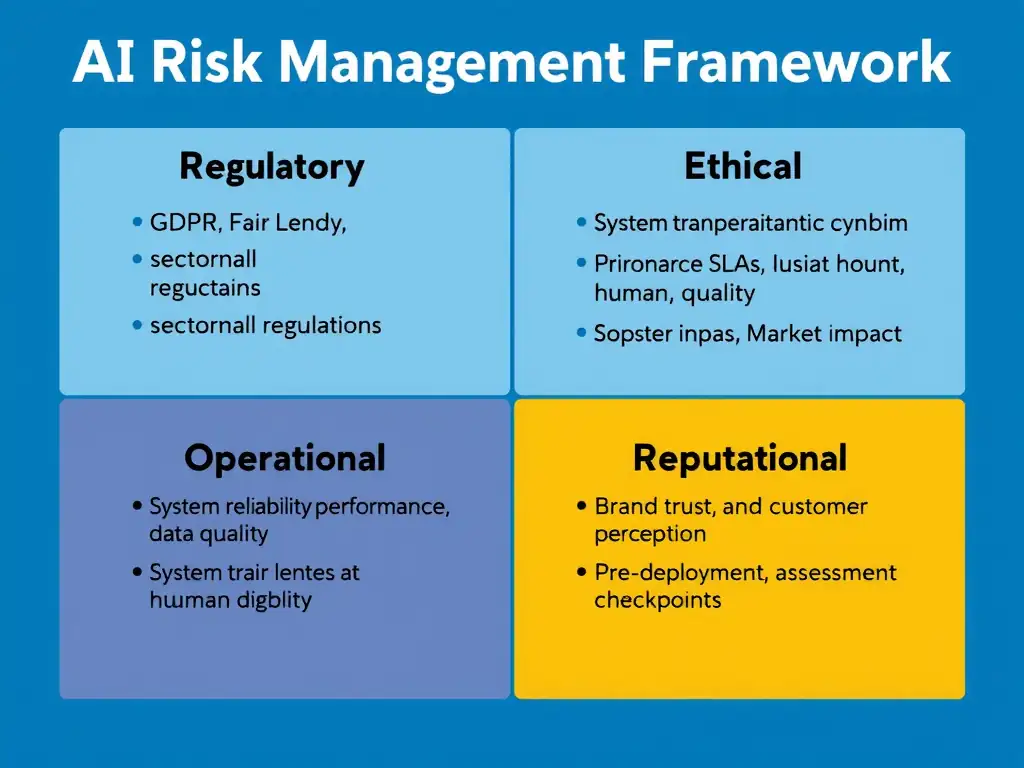 AI Risk Management Framework showing four quadrants: Regulatory (GDPR, Fair Lending, sectoral regulations), Ethical (bias, transparency, human dignity), Operational (system reliability, performance SLAs, data quality), Reputational (brand trust, customer perception, market impact). Each quadrant shows risk examples and pre-deployment assessment checkpoints.