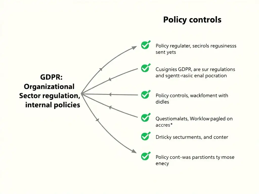 Diagram showing organizational obligations (GDPR, sector regulations, internal policies) on the left mapping via arrows to policy controls, questionnaires, and workflow requirements on the right, with green checkmarks at each alignment point.