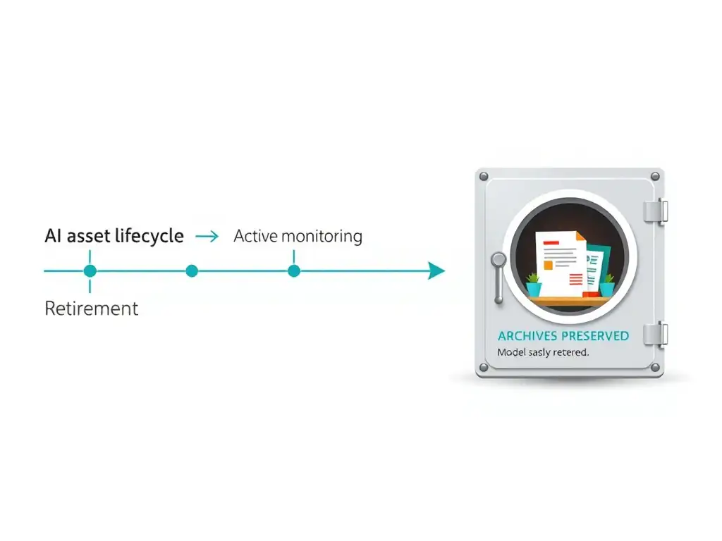 Timeline showing an AI asset lifecycle from deployment through active monitoring to retirement, with an archive vault icon on the right labeled 'Evidence Preserved,' showing compliance records, approval docs, and model metadata safely stored.
