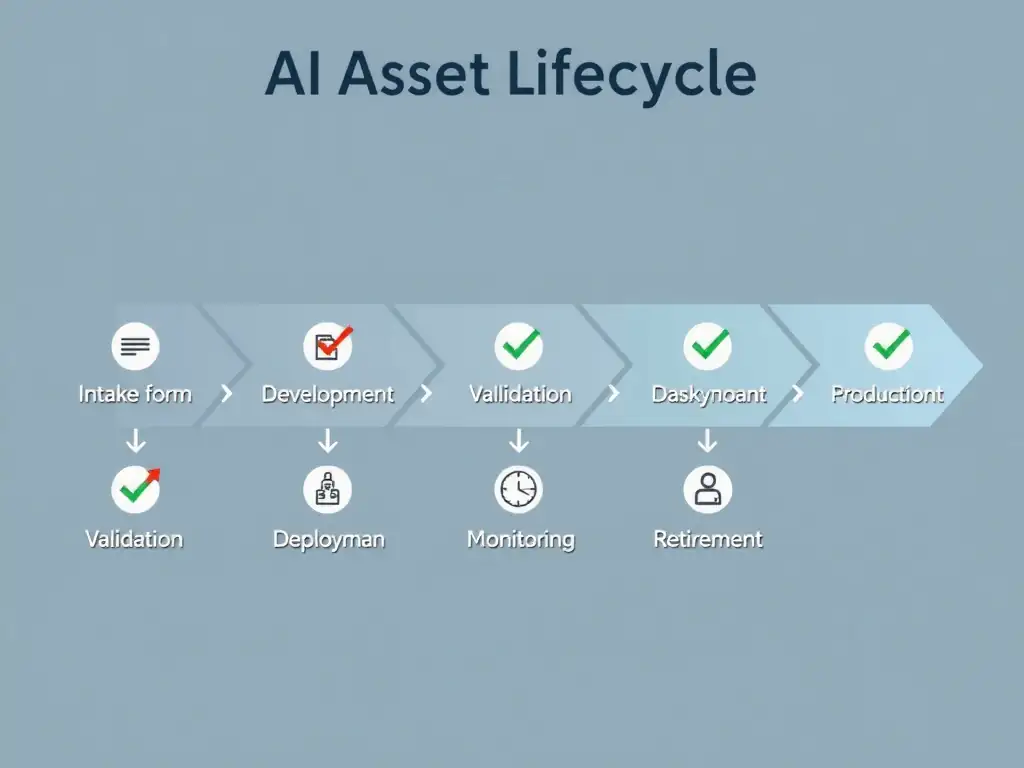 Flowchart showing six connected stages of AI asset lifecycle: Intake (intake form), Development (model building), Validation (testing checkmarks), Deployment (arrow to production), Monitoring (dashboard icon), and Retirement (archive icon), with arrows flowing left to right and governance checkpoints at each stage.