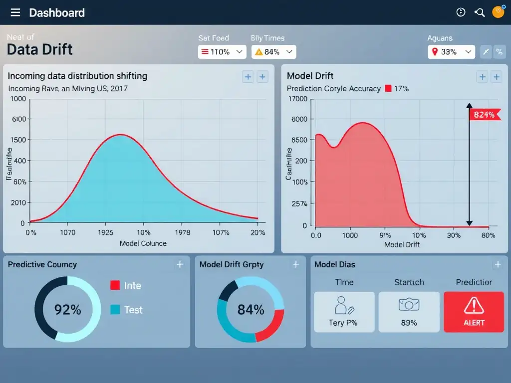 Dashboard showing two side-by-side graphs: Data Drift graph with incoming data distribution shifting over time (bell curve moving), and Model Drift graph with prediction accuracy declining from 92% to 84%, with red warning zones and alert flags on the right side.