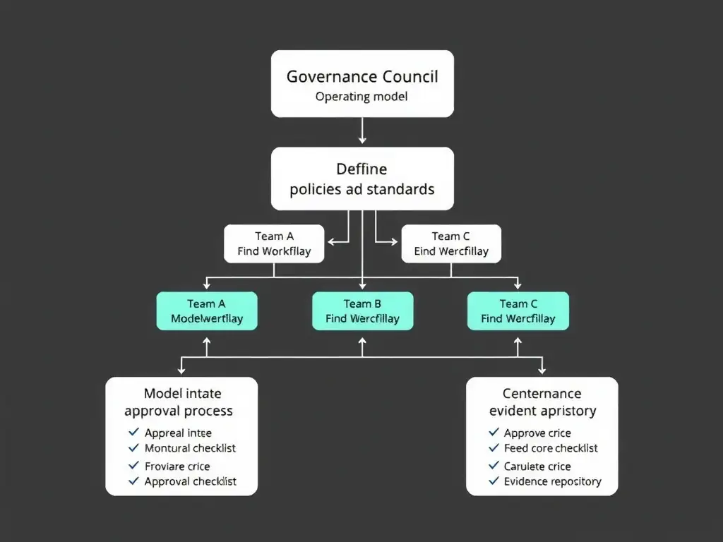 Organizational chart showing governance operating model: Governance Council (top) defining policies and standards, connected to Team A, Team B, Team C workflows below, each with their own model intake, approval process, and monitoring checklist, all feeding into a centralized governance evidence repository at the bottom.