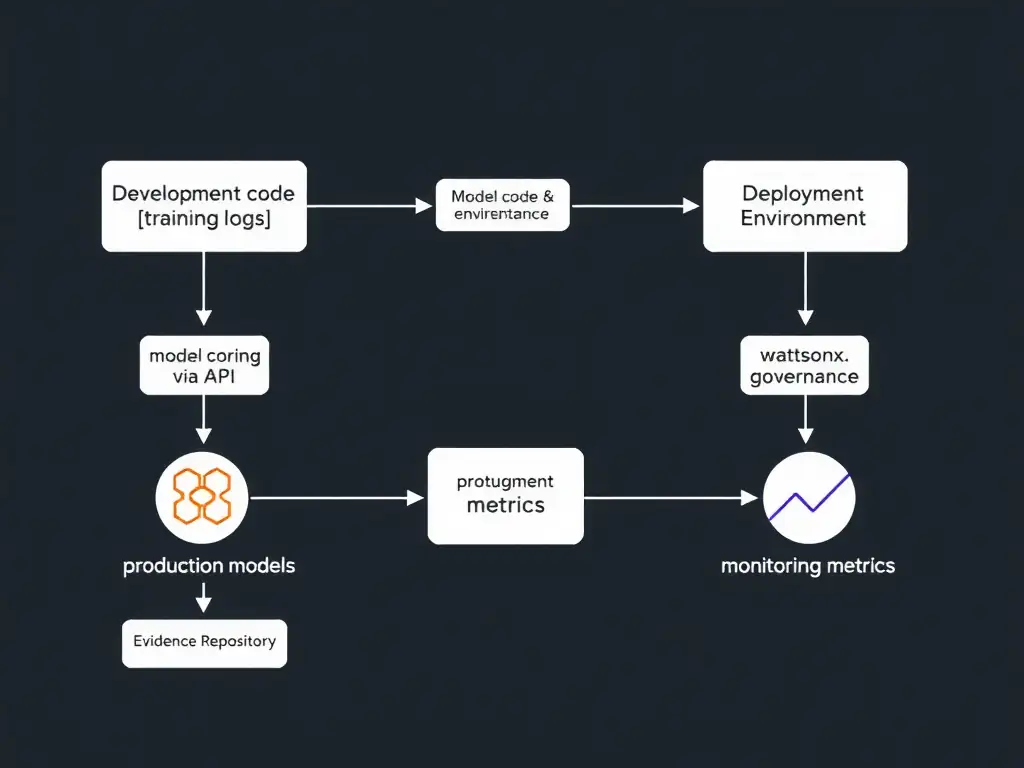 Architecture diagram showing data flow: Development Environment (model code, training logs) connected via API to watsonx.governance, and Deployment Environment (production models, monitoring metrics) also connected via API to watsonx.governance, with evidence and metrics flowing into a central Evidence Repository.