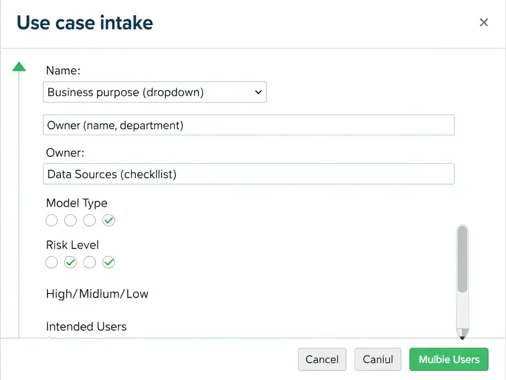 Use case intake form screenshot showing fields: Use Case Name, Business Purpose (dropdown), Owner (name, department), Data Sources (checklist), Model Type (radio buttons), Risk Level (High/Medium/Low), and Intended Users (multiselect), with validation checkmarks next to completed fields.