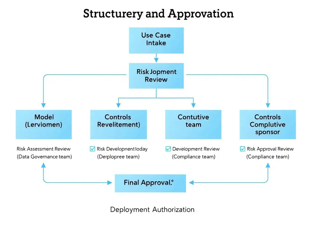 Flowchart showing structured approval workflow: Use Case Intake → Risk Assessment Review (Data Governance team), Model Development Review (ML team), Controls Review (Compliance team), Final Approval (Executive sponsor), each stage with approval checkboxes and date stamps, flowing to Deployment Authorization.
