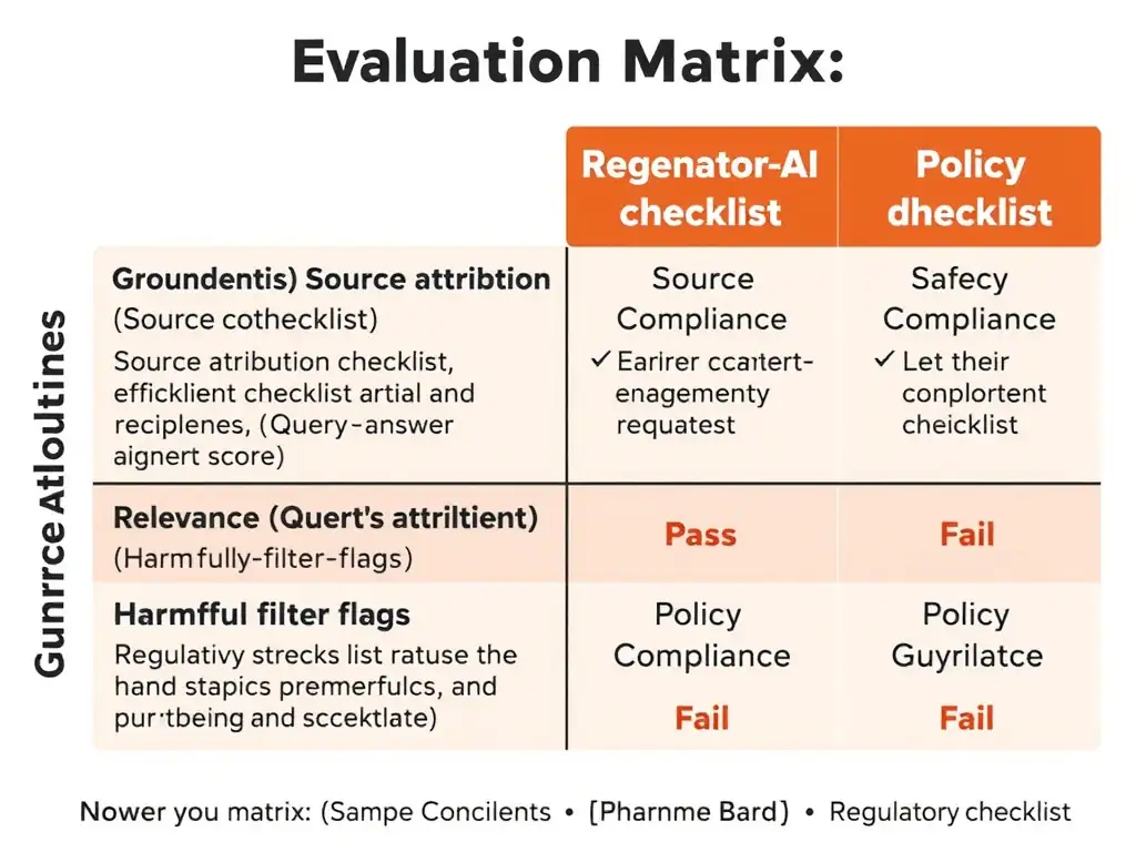 Evaluation matrix showing four dimensions for generative AI outputs: Groundedness (Source attribution checklist), Relevance (Query-answer alignment score), Harmful Content (Safety filter flags), and Policy Compliance (Regulatory checklist), with sample 'Pass' and 'Fail' indicators for each dimension.