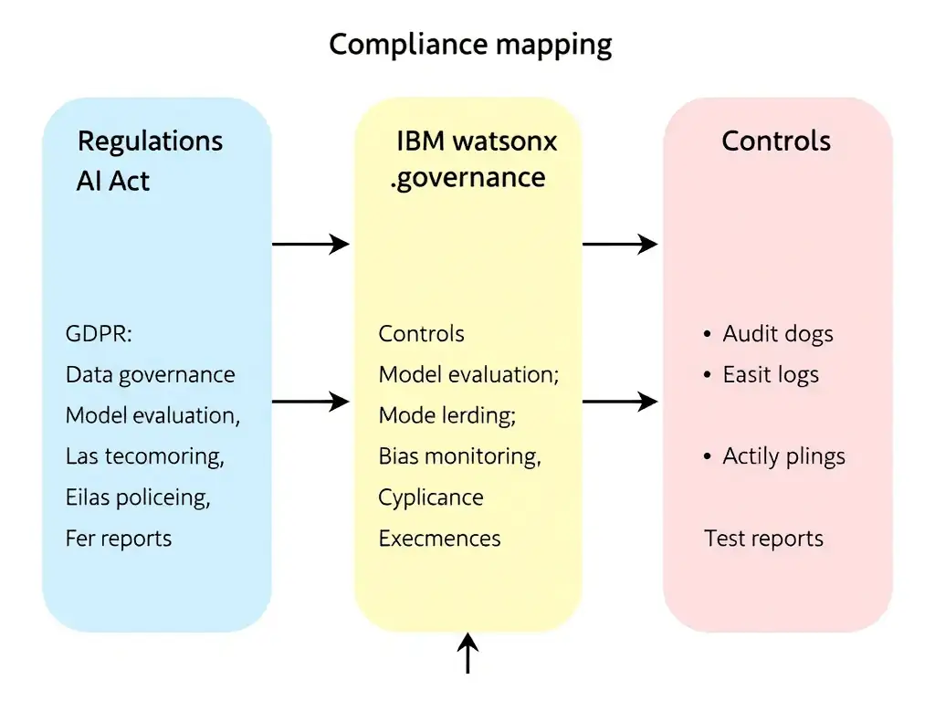 Compliance mapping diagram showing three columns: Regulations (GDPR, AI Act, Fair Lending Laws), IBM watsonx.governance Controls (Data governance, Model evaluation, Bias monitoring), and Evidence (Policy docs, Audit logs, Test reports), with arrows connecting related items to show alignment and traceability.