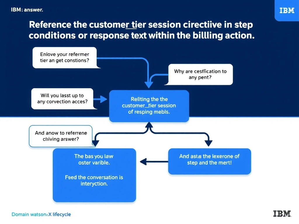 Educational infographic for IBM watsonx Assistant: visualize the concept of 'Reference the customertier session variable directly in step conditions or response text within the billing action' within the 'Domain 1: Build Conversational Flows' domain. Use a clean diagram or layered flow showing how this capability fits into a conversational AI lifecycle — labeled boxes for key components, arrows showing data or conversation flow, IBM blue/navy color palette with white text callouts highlighting why this answer is correct.