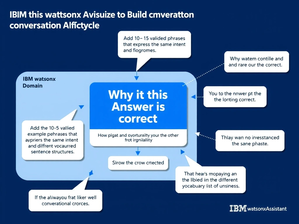 Educational infographic for IBM watsonx Assistant: visualize the concept of 'Add 10–15 varied example phrases that express the same intent using different vocabulary and sentence structures' within the 'Domain 1: Build Conversational Flows' domain. Use a clean diagram or layered flow showing how this capability fits into a conversational AI lifecycle — labeled boxes for key components, arrows showing data or conversation flow, IBM blue/navy color palette with white text callouts highlighting why this answer is correct.