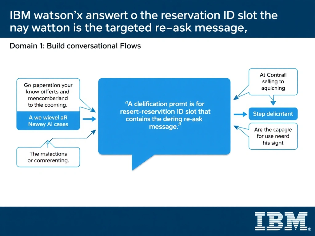Educational infographic for IBM watsonx Assistant: visualize the concept of 'A clarification prompt on the reservation ID slot that contains the targeted re-ask message' within the 'Domain 1: Build Conversational Flows' domain. Use a clean diagram or layered flow showing how this capability fits into a conversational AI lifecycle — labeled boxes for key components, arrows showing data or conversation flow, IBM blue/navy color palette with white text callouts highlighting why this answer is correct.
