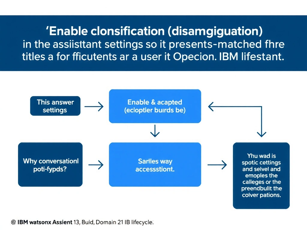 Educational infographic for IBM watsonx Assistant: visualize the concept of 'Enable clarification (disambiguation) in the assistant settings so it presents matched action titles for the user to select' within the 'Domain 1: Build Conversational Flows' domain. Use a clean diagram or layered flow showing how this capability fits into a conversational AI lifecycle — labeled boxes for key components, arrows showing data or conversation flow, IBM blue/navy color palette with white text callouts highlighting why this answer is correct.