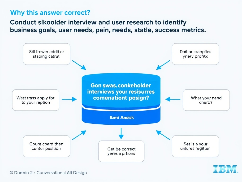 Educational infographic for IBM watsonx Assistant: visualize the concept of 'Conduct stakeholder interviews and user research to identify business goals, user needs, pain points, and success metrics' within the 'Domain 2: Conversational AI Design' domain. Use a clean diagram or layered flow showing how this capability fits into a conversational AI lifecycle — labeled boxes for key components, arrows showing data or conversation flow, IBM blue/navy color palette with white text callouts highlighting why this answer is correct.