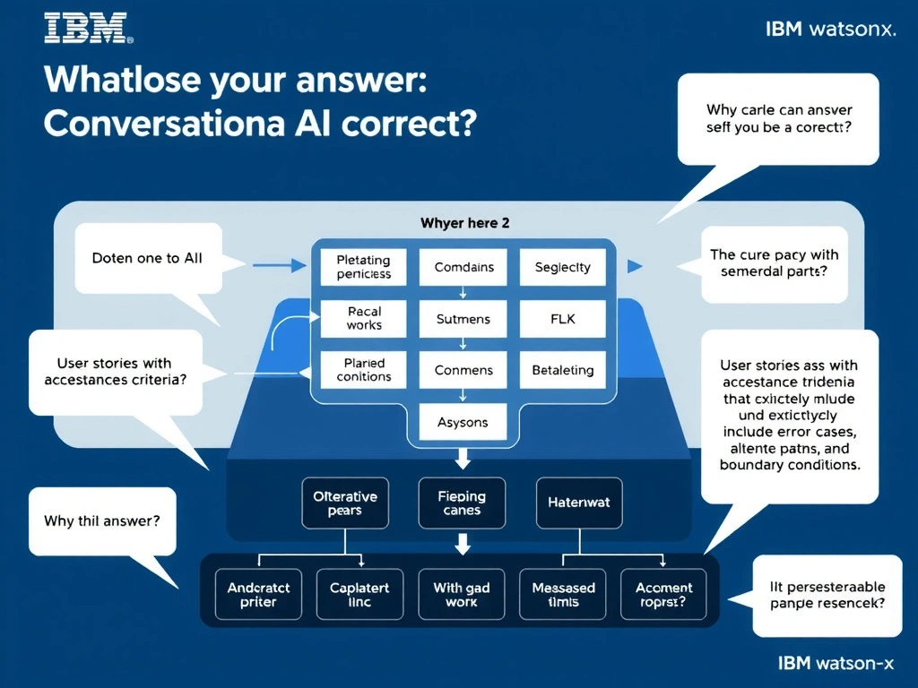 Educational infographic for IBM watsonx Assistant: visualize the concept of 'User stories with acceptance criteria that explicitly include error cases, alternative paths, and boundary conditions' within the 'Domain 2: Conversational AI Design' domain. Use a clean diagram or layered flow showing how this capability fits into a conversational AI lifecycle — labeled boxes for key components, arrows showing data or conversation flow, IBM blue/navy color palette with white text callouts highlighting why this answer is correct.