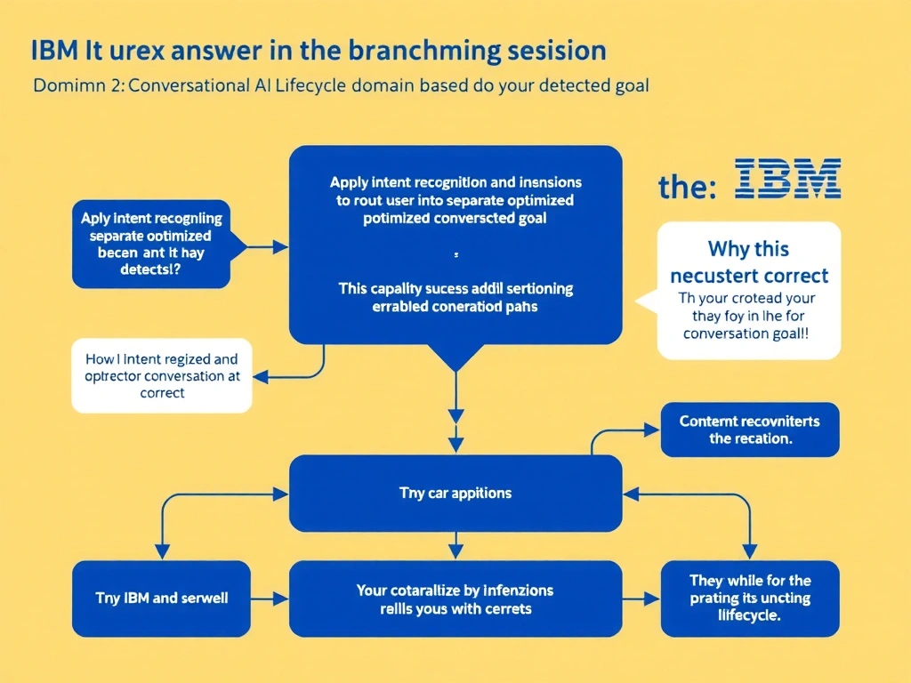 Educational infographic for IBM watsonx Assistant: visualize the concept of 'Apply intent recognition and branching conditions to route users into separate optimized conversation paths based on their detected goal' within the 'Domain 2: Conversational AI Design' domain. Use a clean diagram or layered flow showing how this capability fits into a conversational AI lifecycle — labeled boxes for key components, arrows showing data or conversation flow, IBM blue/navy color palette with white text callouts highlighting why this answer is correct.