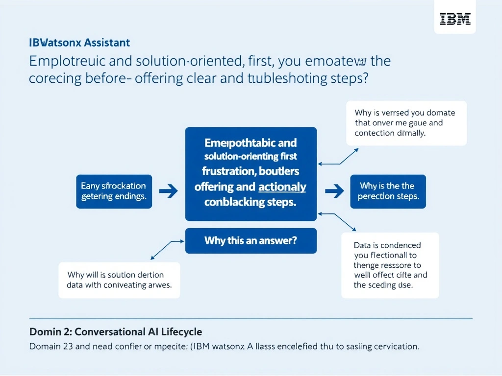 Educational infographic for IBM watsonx Assistant: visualize the concept of 'Empathetic and solution-oriented, first acknowledging the frustration before offering clear and actionable troubleshooting steps' within the 'Domain 2: Conversational AI Design' domain. Use a clean diagram or layered flow showing how this capability fits into a conversational AI lifecycle — labeled boxes for key components, arrows showing data or conversation flow, IBM blue/navy color palette with white text callouts highlighting why this answer is correct.