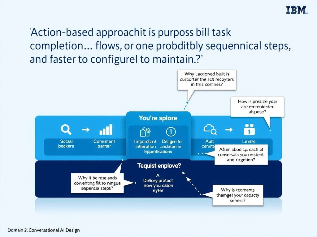 Educational infographic for IBM watsonx Assistant: visualize the concept of 'Action-based approach, because it is purpose-built for task completion flows with predictable sequential steps and is faster to configure and maintain' within the 'Domain 2: Conversational AI Design' domain. Use a clean diagram or layered flow showing how this capability fits into a conversational AI lifecycle — labeled boxes for key components, arrows showing data or conversation flow, IBM blue/navy color palette with white text callouts highlighting why this answer is correct.