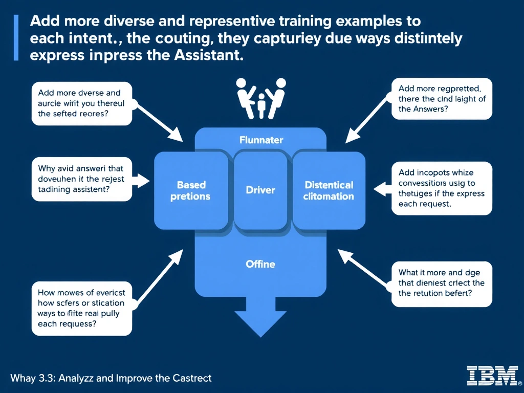 Educational infographic for IBM watsonx Assistant: visualize the concept of 'Add more diverse and representative training examples to each intent, ensuring they capture the different ways users distinctly express each request' within the 'Domain 3: Analyze and Improve the Assistant' domain. Use a clean diagram or layered flow showing how this capability fits into a conversational AI lifecycle — labeled boxes for key components, arrows showing data or conversation flow, IBM blue/navy color palette with white text callouts highlighting why this answer is correct.