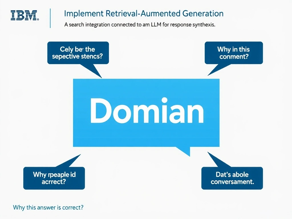 Educational infographic for IBM watsonx Assistant: visualize the concept of 'Implement Retrieval-Augmented Generation (RAG) using a search integration connected to an LLM for response synthesis' within the 'Domain 4: Integrate with watsonx' domain. Use a clean diagram or layered flow showing how this capability fits into a conversational AI lifecycle — labeled boxes for key components, arrows showing data or conversation flow, IBM blue/navy color palette with white text callouts highlighting why this answer is correct.