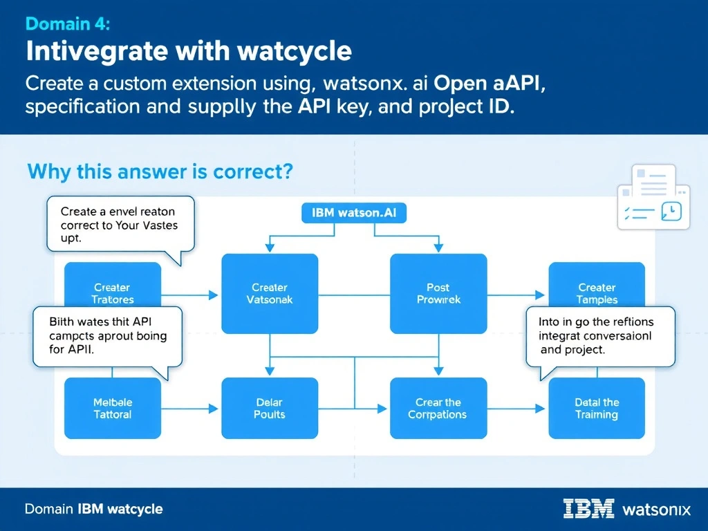 Educational infographic for IBM watsonx Assistant: visualize the concept of 'Create a custom extension using the watsonx.ai OpenAPI specification and supply the API key and project ID' within the 'Domain 4: Integrate with watsonx' domain. Use a clean diagram or layered flow showing how this capability fits into a conversational AI lifecycle — labeled boxes for key components, arrows showing data or conversation flow, IBM blue/navy color palette with white text callouts highlighting why this answer is correct.