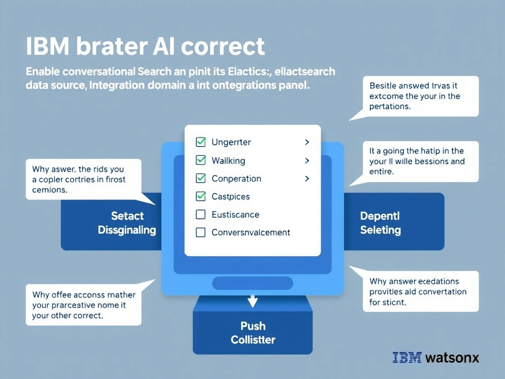 Educational infographic for IBM watsonx Assistant: visualize the concept of 'Enable Conversational Search and point it at the Elasticsearch data source through the Integrations panel' within the 'Domain 4: Integrate with watsonx' domain. Use a clean diagram or layered flow showing how this capability fits into a conversational AI lifecycle — labeled boxes for key components, arrows showing data or conversation flow, IBM blue/navy color palette with white text callouts highlighting why this answer is correct.