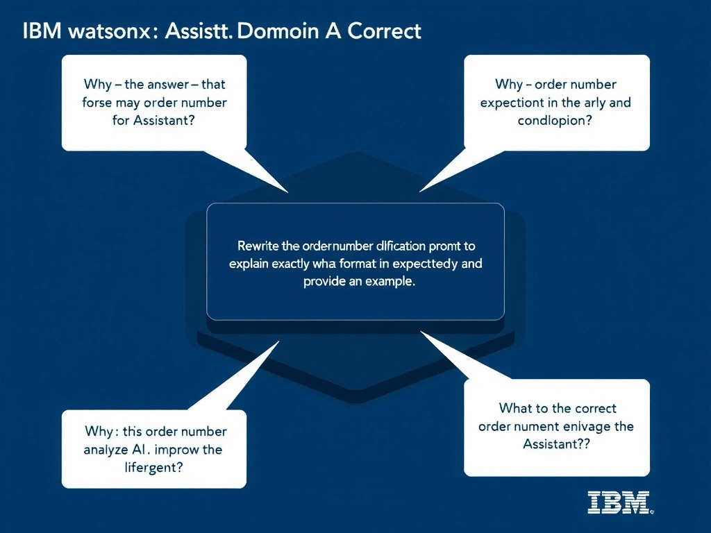 Educational infographic for IBM watsonx Assistant: visualize the concept of 'Rewrite the order-number clarification prompt to explain exactly what format is expected and provide an example' within the 'Domain 3: Analyze and Improve the Assistant' domain. Use a clean diagram or layered flow showing how this capability fits into a conversational AI lifecycle — labeled boxes for key components, arrows showing data or conversation flow, IBM blue/navy color palette with white text callouts highlighting why this answer is correct.