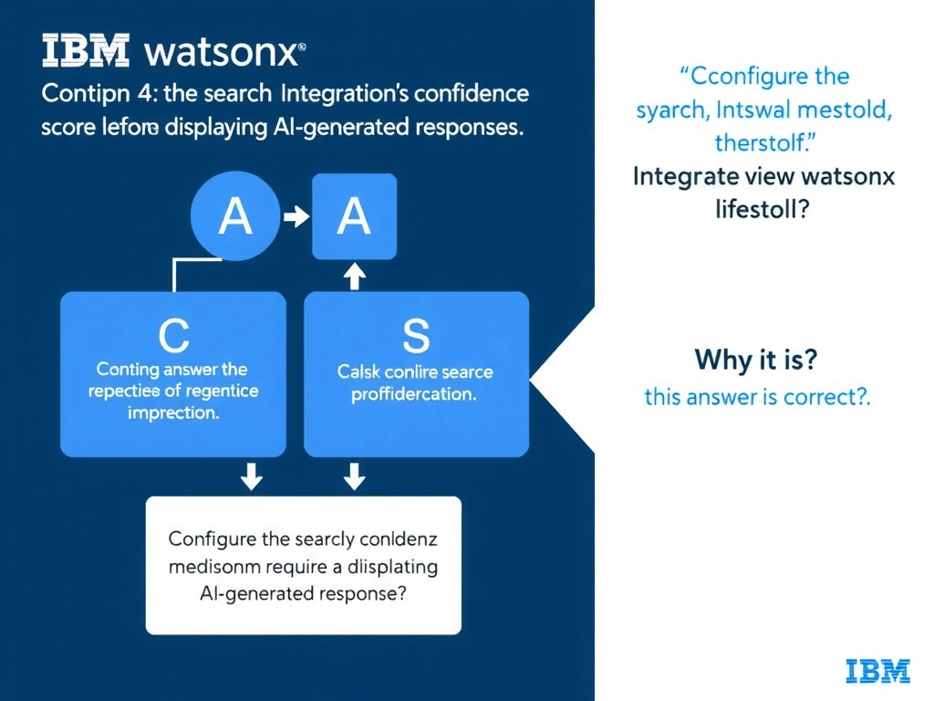 Educational infographic for IBM watsonx Assistant: visualize the concept of 'Configure the search integration's confidence threshold to require a minimum relevance score before displaying AI-generated responses' within the 'Domain 4: Integrate with watsonx' domain. Use a clean diagram or layered flow showing how this capability fits into a conversational AI lifecycle — labeled boxes for key components, arrows showing data or conversation flow, IBM blue/navy color palette with white text callouts highlighting why this answer is correct.