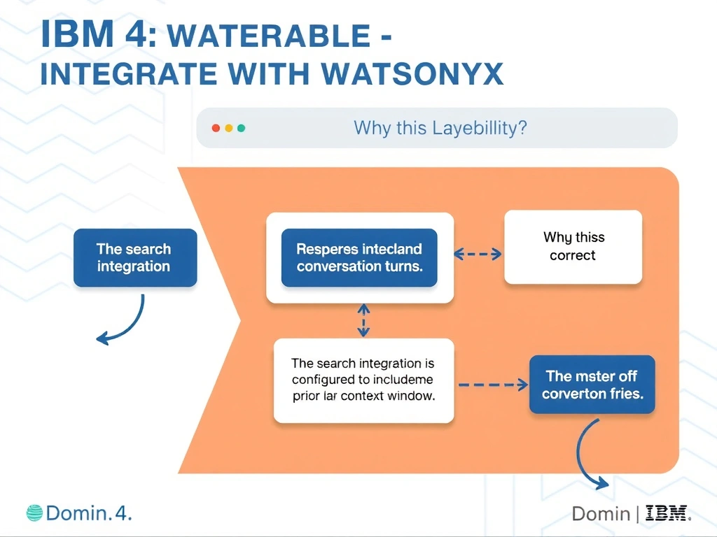 Educational infographic for IBM watsonx Assistant: visualize the concept of 'The search integration is not configured to include prior conversation turns in the LLM context window' within the 'Domain 4: Integrate with watsonx' domain. Use a clean diagram or layered flow showing how this capability fits into a conversational AI lifecycle — labeled boxes for key components, arrows showing data or conversation flow, IBM blue/navy color palette with white text callouts highlighting why this answer is correct.