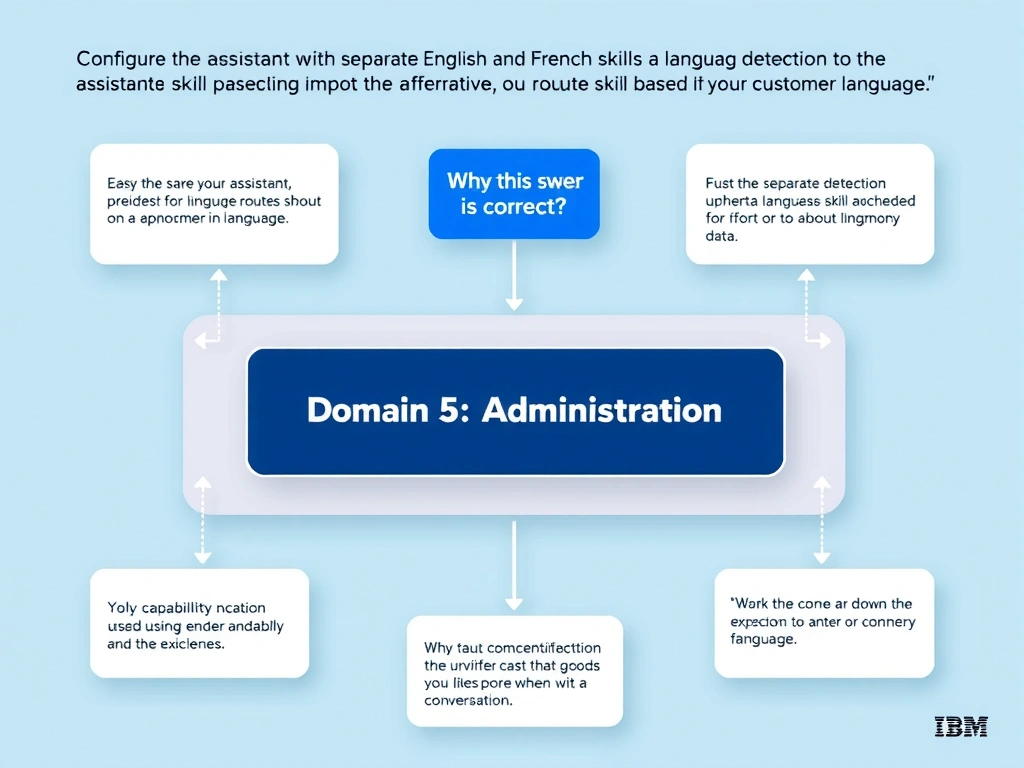 Educational infographic for IBM watsonx Assistant: visualize the concept of 'Configure the assistant with separate English and French skills and enable language detection so the assistant routes to the appropriate skill based on the customer's language' within the 'Domain 5: Administration' domain. Use a clean diagram or layered flow showing how this capability fits into a conversational AI lifecycle — labeled boxes for key components, arrows showing data or conversation flow, IBM blue/navy color palette with white text callouts highlighting why this answer is correct.