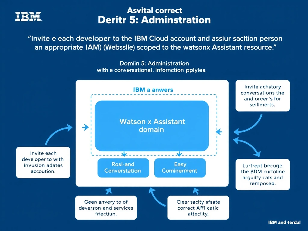 Educational infographic for IBM watsonx Assistant: visualize the concept of 'Invite each developer to the IBM Cloud account as an individual user and assign each person the appropriate IAM role (e.g., Writer) scoped to the watsonx Assistant resource' within the 'Domain 5: Administration' domain. Use a clean diagram or layered flow showing how this capability fits into a conversational AI lifecycle — labeled boxes for key components, arrows showing data or conversation flow, IBM blue/navy color palette with white text callouts highlighting why this answer is correct.