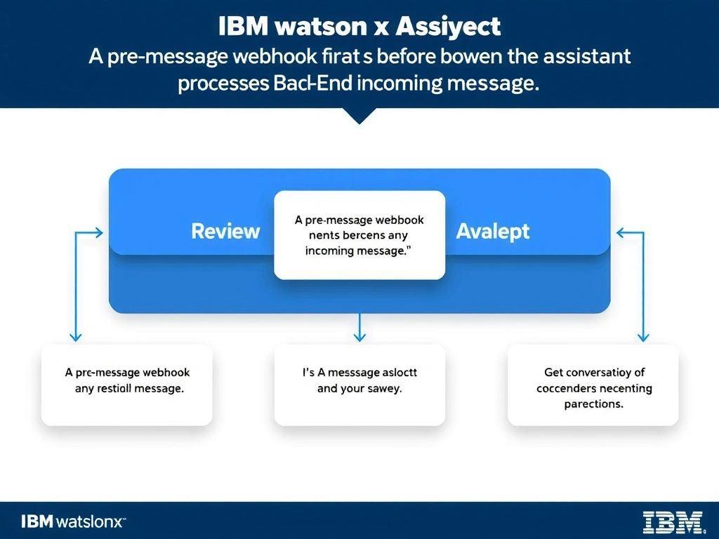 Educational infographic for IBM watsonx Assistant: visualize the concept of 'A pre-message webhook that fires before the assistant processes any incoming message' within the 'Domain 6: Build Back-End Integrations' domain. Use a clean diagram or layered flow showing how this capability fits into a conversational AI lifecycle — labeled boxes for key components, arrows showing data or conversation flow, IBM blue/navy color palette with white text callouts highlighting why this answer is correct.