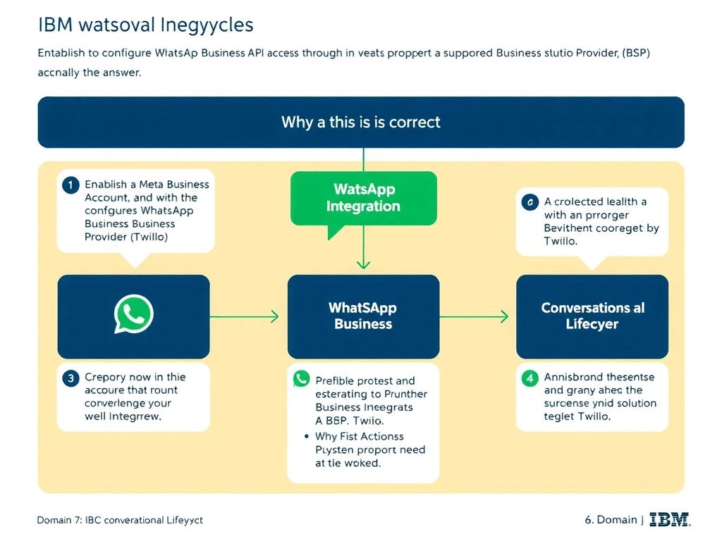 Educational infographic for IBM watsonx Assistant: visualize the concept of 'Establish a Meta Business Account and configure WhatsApp Business API access through a supported Business Solution Provider (BSP) such as Twilio' within the 'Domain 7: Multi-Modal Integration' domain. Use a clean diagram or layered flow showing how this capability fits into a conversational AI lifecycle — labeled boxes for key components, arrows showing data or conversation flow, IBM blue/navy color palette with white text callouts highlighting why this answer is correct.