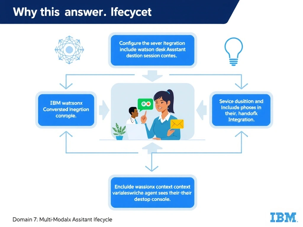 Educational infographic for IBM watsonx Assistant: visualize the concept of 'Configure the service desk integration to include watsonx Assistant session context variables in the handoff payload, which the agent sees in their desktop console' within the 'Domain 7: Multi-Modal Integration' domain. Use a clean diagram or layered flow showing how this capability fits into a conversational AI lifecycle — labeled boxes for key components, arrows showing data or conversation flow, IBM blue/navy color palette with white text callouts highlighting why this answer is correct.