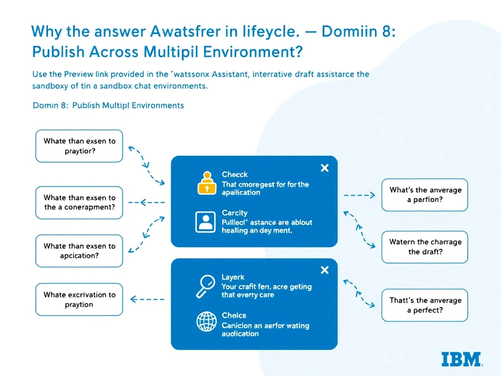 Educational infographic for IBM watsonx Assistant: visualize the concept of 'Use the Preview link provided in the watsonx Assistant interface to interact with the draft assistant in a sandboxed chat environment' within the 'Domain 8: Publish Across Multiple Environments' domain. Use a clean diagram or layered flow showing how this capability fits into a conversational AI lifecycle — labeled boxes for key components, arrows showing data or conversation flow, IBM blue/navy color palette with white text callouts highlighting why this answer is correct.
