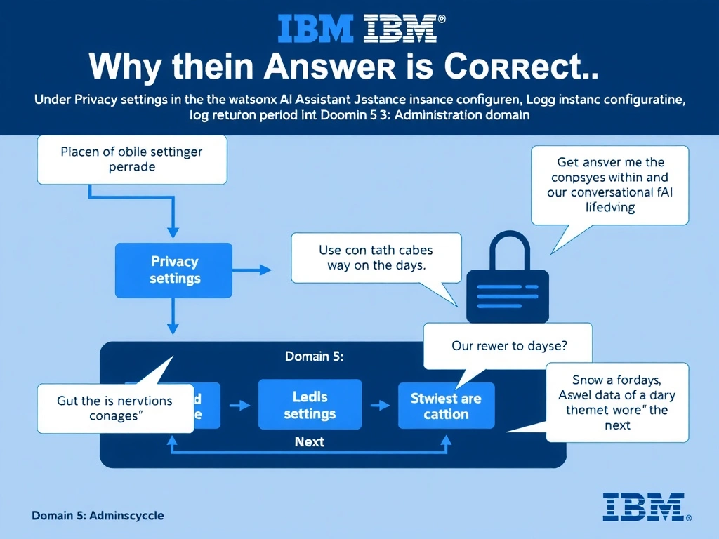 Educational infographic for IBM watsonx Assistant: visualize the concept of 'Under Privacy settings in the watsonx Assistant service instance configuration, set the log retention period to 30 days' within the 'Domain 5: Administration' domain. Use a clean diagram or layered flow showing how this capability fits into a conversational AI lifecycle — labeled boxes for key components, arrows showing data or conversation flow, IBM blue/navy color palette with white text callouts highlighting why this answer is correct.