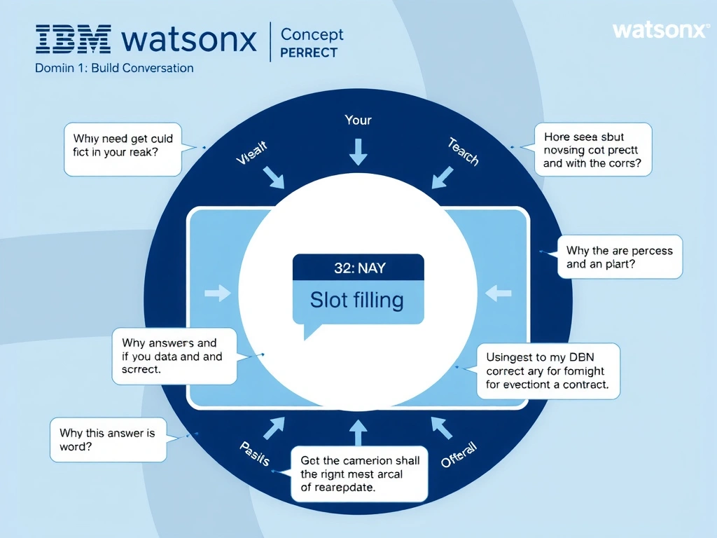 Educational infographic for IBM watsonx Assistant: visualize the concept of 'Slot filling' within the 'Domain 1: Build Conversations' domain. Use a clean diagram or layered flow showing how this capability fits into a conversational AI lifecycle — labeled boxes for key components, arrows showing data or conversation flow, IBM blue/navy color palette with white text callouts highlighting why this answer is correct.