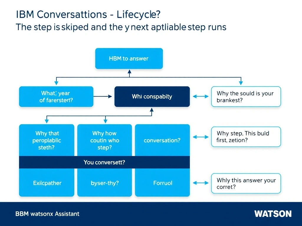 Educational infographic for IBM watsonx Assistant: visualize the concept of 'The step is skipped and the next applicable step runs' within the 'Domain 1: Build Conversations' domain. Use a clean diagram or layered flow showing how this capability fits into a conversational AI lifecycle — labeled boxes for key components, arrows showing data or conversation flow, IBM blue/navy color palette with white text callouts highlighting why this answer is correct.